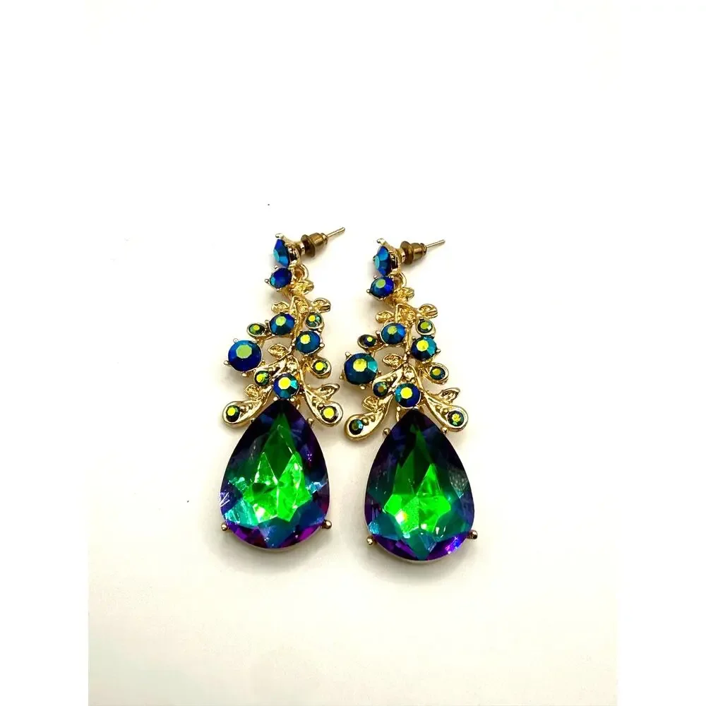Aurora Borealis Blue and Green Statement Pierced Earrings